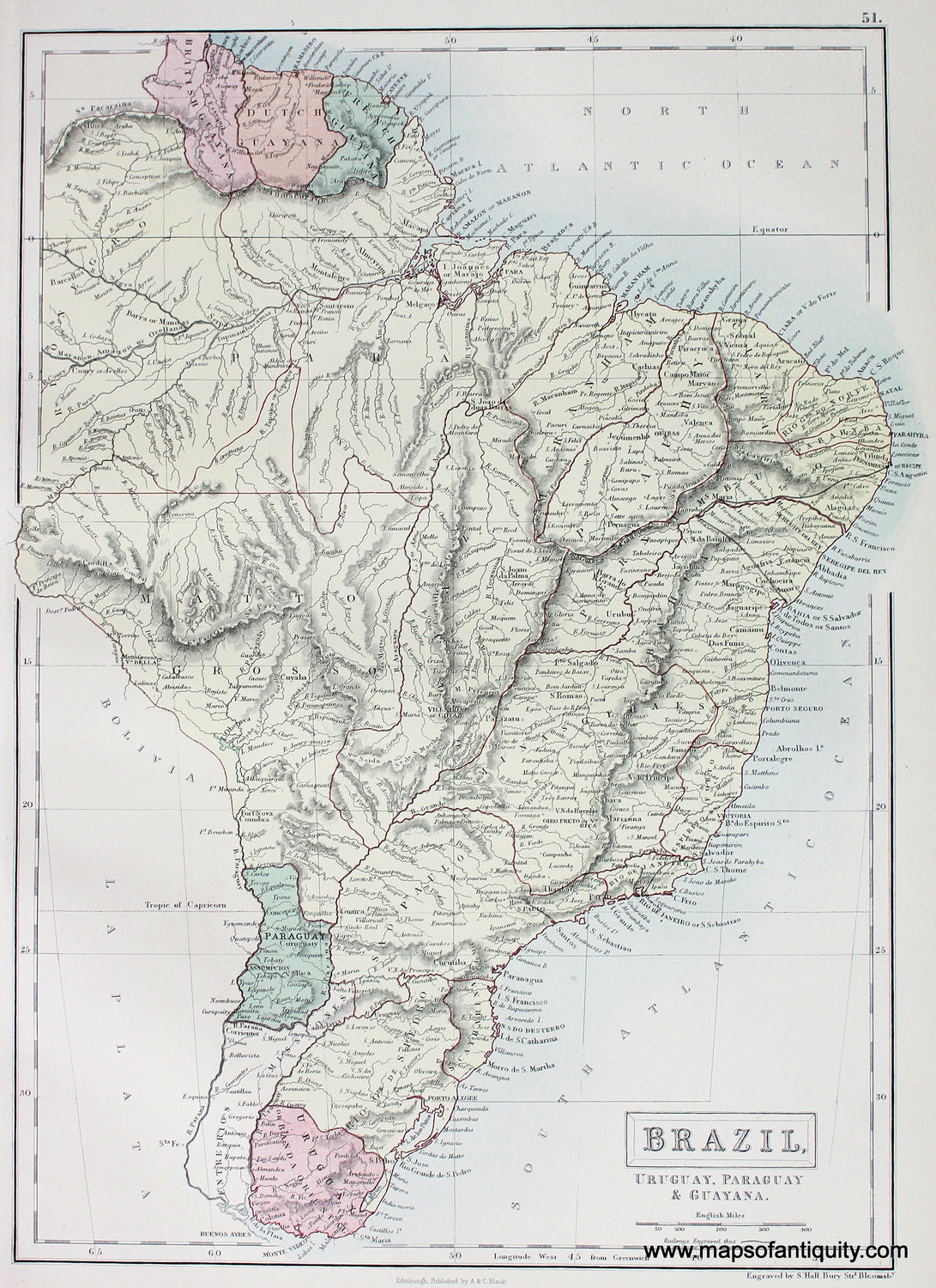 Antique-printed-color-Map-Brazil-Uruguay-Paraguay-&-Guayana-South-America-Brazil-1879-Black-Maps-Of-Antiquity