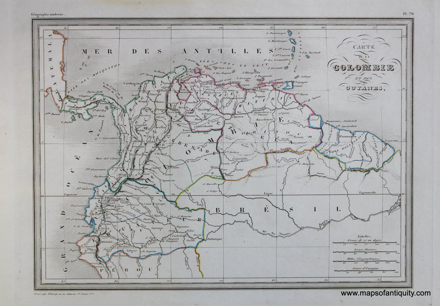 Antique-Hand-Colored-Map-Carte-de-La-Colombie-et-des-Guyanes-Caribbean-&Latin-America-South-America-1846-M.-Malte-Brun-Maps-Of-Antiquity