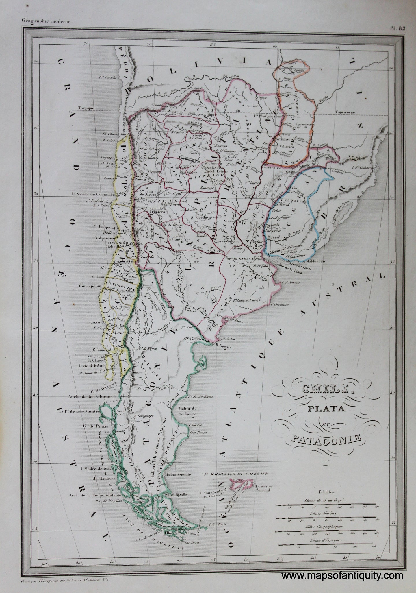 Antique-Hand-Colored-Map-Chili-Plata-et-Patagonie-Caribbean-&Latin-America-South-America-1846-M.-Malte-Brun-Maps-Of-Antiquity