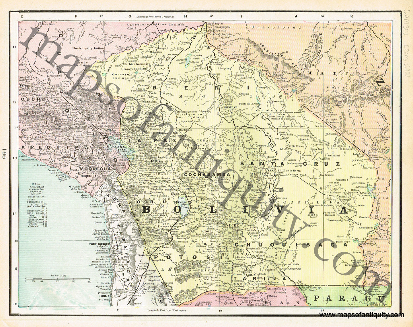 Antique-Printed-Color-Map-Bolivia-Caribbean-&-Latin-America-South-America-1900-Cram-Maps-Of-Antiquity