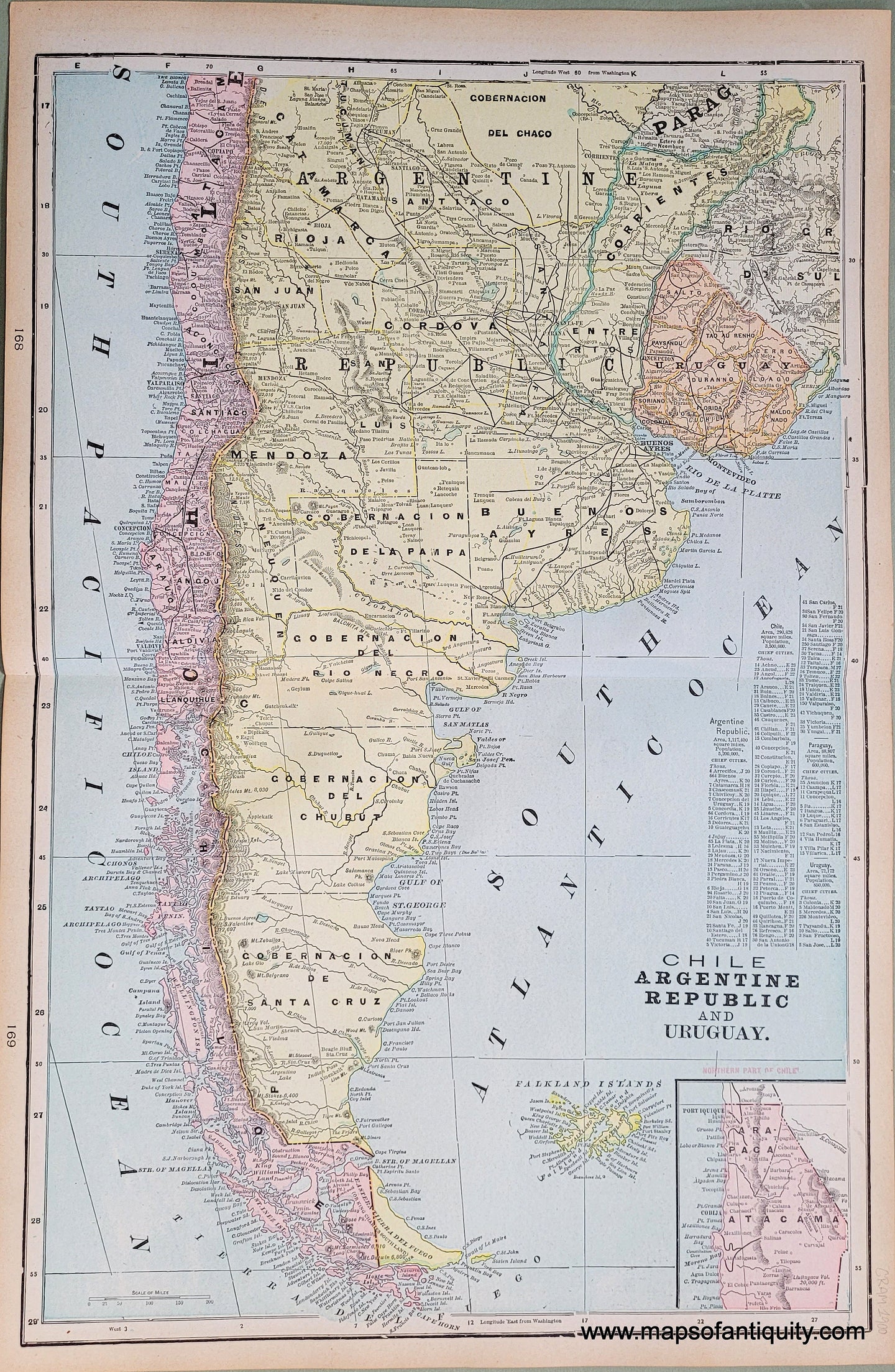 Antique-Printed-Color-Map-Chile-Argentine-Republic-and-Uruguay-verso:-Peru-and-Islands-in-The-Pacific-Ocean-**********-Caribbean-&-Latin-America-South-America-1900-Cram-Maps-Of-Antiquity
