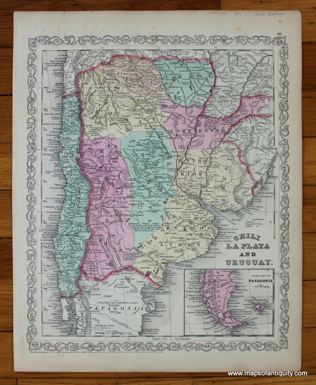 Antique-Hand-Colored-Map-Chili-La-Plata-and-Uruguay-South-America--1856-Desilver-Maps-Of-Antiquity