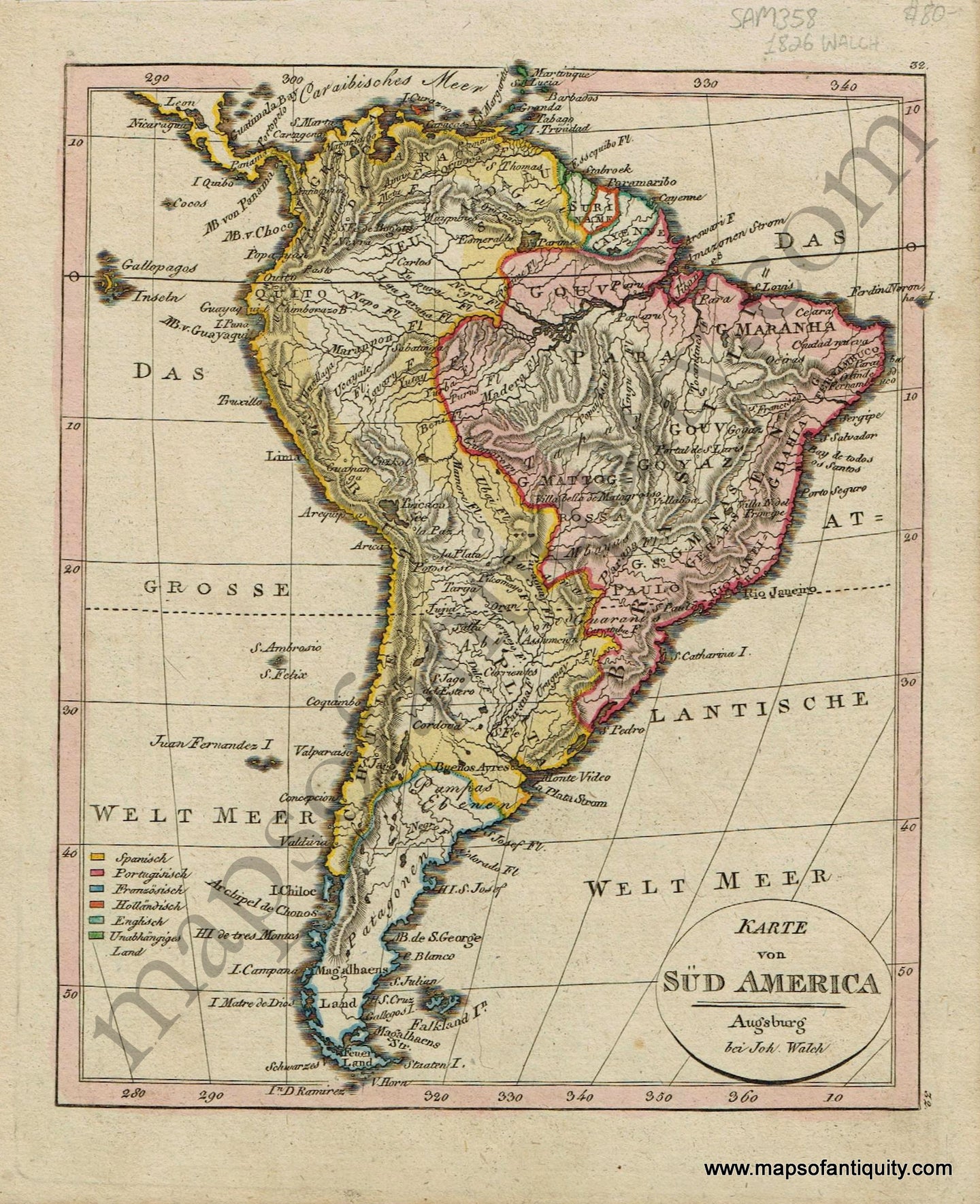 Antique-Karte-von-Sud-America-South-American-German-Walch-Neuester-Schul-Atlass-1826-1820s-Early-19th-Century-Maps-of-Antiquity