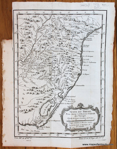 Antique-Map-Suite-du-Bresil-pour-fervir-a-Continuation-of-Brazil-Uruguay-South-East-Southeastern-Bellin-L'Histoire-Generale-des-Voyages-1756-1750s-1700s-Mid-18th-Century-Maps-of-Antiquity