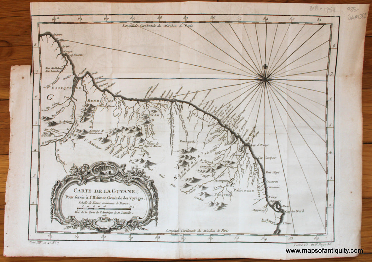 Antique-Map-Carte-de-La-Guyane-Guyana-Suriname-French-Guiana-Bellin-L'Histoire-Generale-des-Voyages-1757-1750s-1700s-Mid-18th-Century-Maps-of-Antiquity
