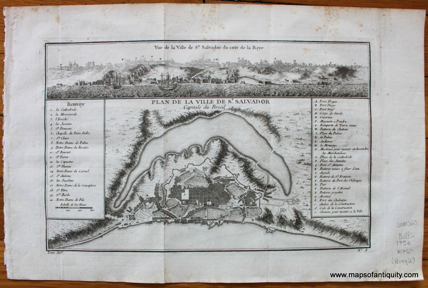 Antique-Map-French-Plan-de-la-Ville-de-St.-Salvador-Capitale-du-Bresil-Brazil-South-America-1750-1750s-Mid-1700s-18th-Century-Bellin-Maps-of-Antiquity