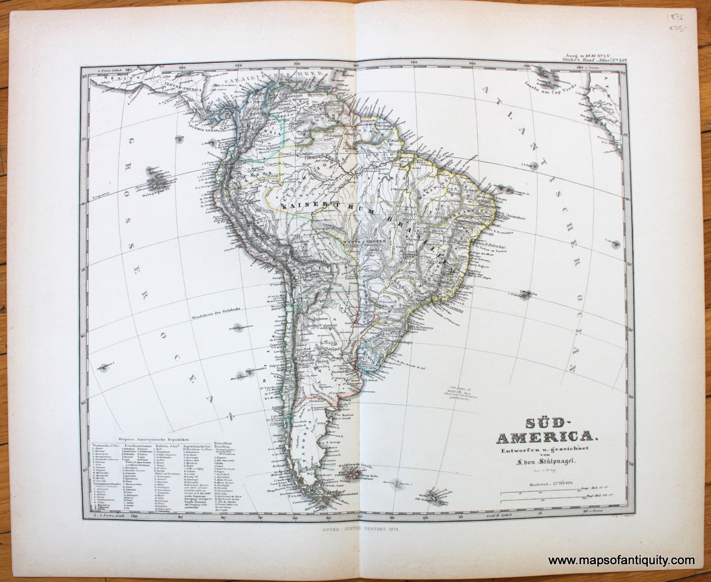 Antique-Map-Sud-America-South-Stieler-1876-1870s-1800s-19th-century-Maps-of-Antiquity