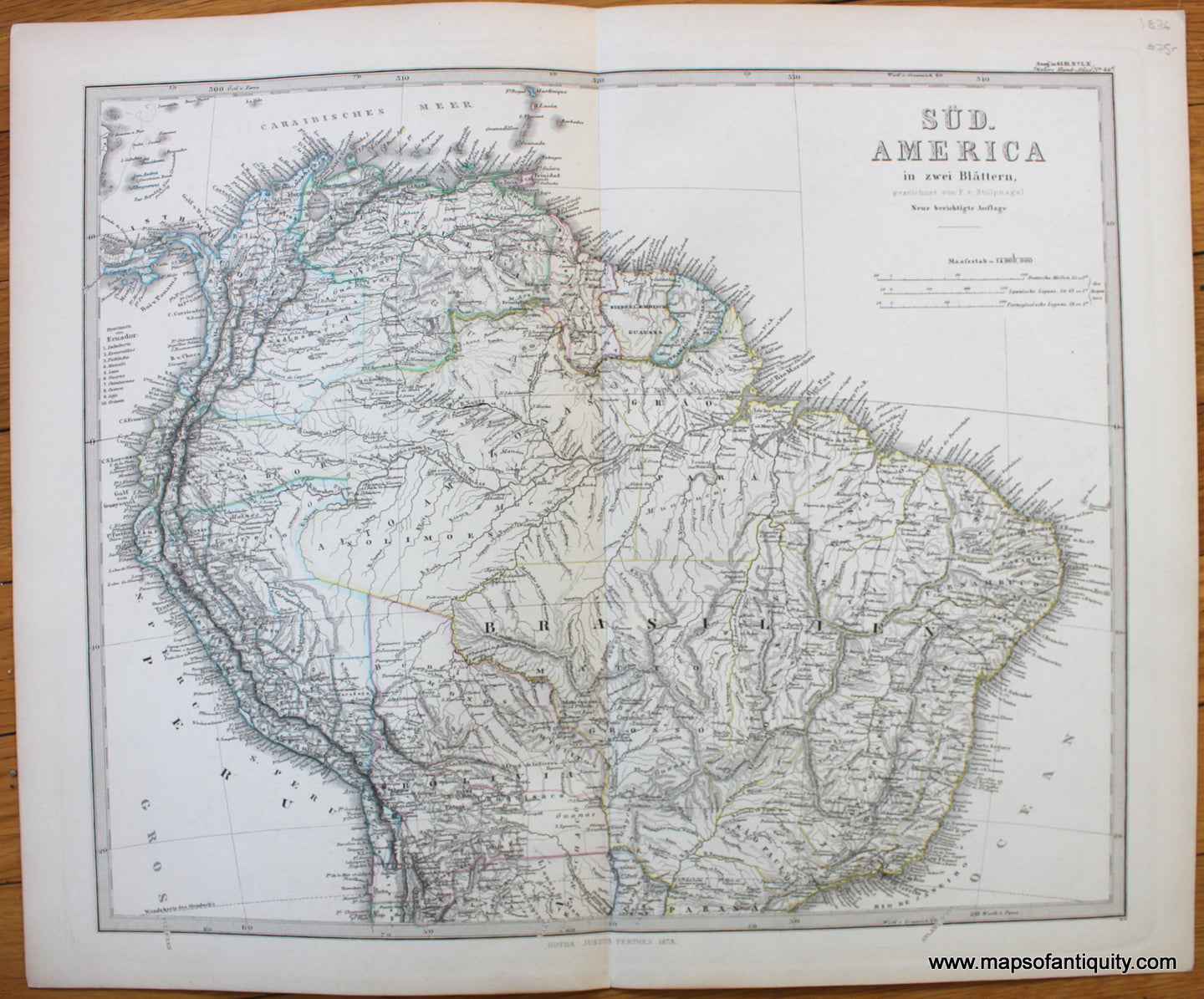Antique-Map-Sud-America-South-zwei-Blattern-Stieler-1876-1870s-1800s-19th-century-Maps-of-Antiquity