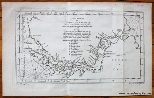 Antique-Early-Map-Chile-Carte-Reduite-du-Detroit-de-Magellan-Strait-of-French-Bellin-1757-1750s-1700s-Mid-Late-18th-Century-Maps-of-Antiquity