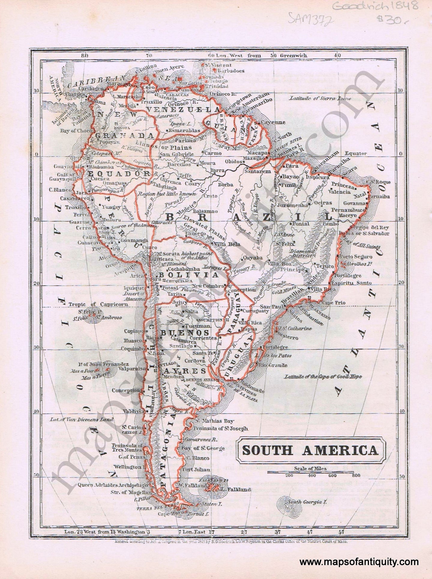 Antique-Printed-Color-Map-South-America-1848-Goodrich-1800s-19th-century-Maps-of-Antiquity