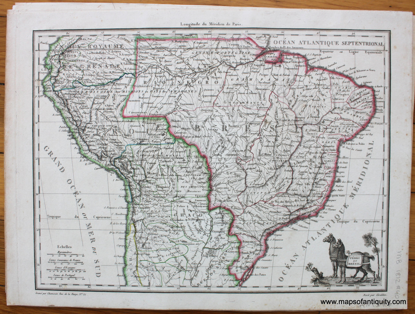 Antique-Hand-Colored-Map-Perou-et-Bresil-Part-of-South-America-1812-Malte-Brun-Lapie-1800s-19th-century-Maps-of-Antiquity