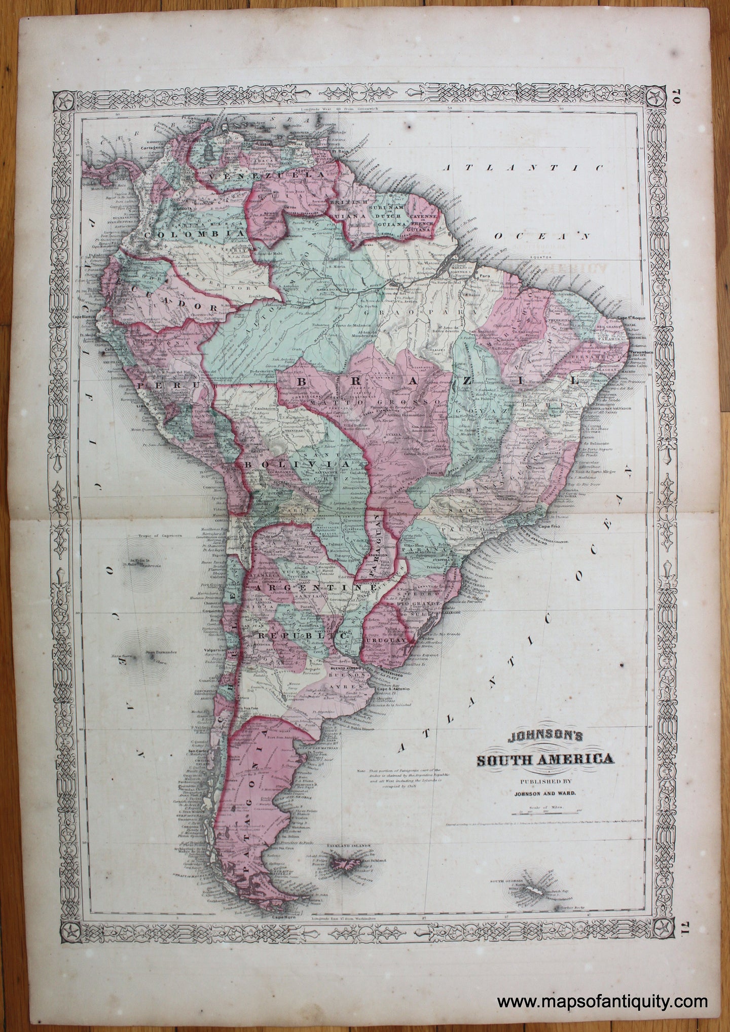 Antique-Hand-Colored-Map-Johnson's-South-America-1864-Johnson-&-Ward-1800s-19th-century-Maps-of-Antiquity
