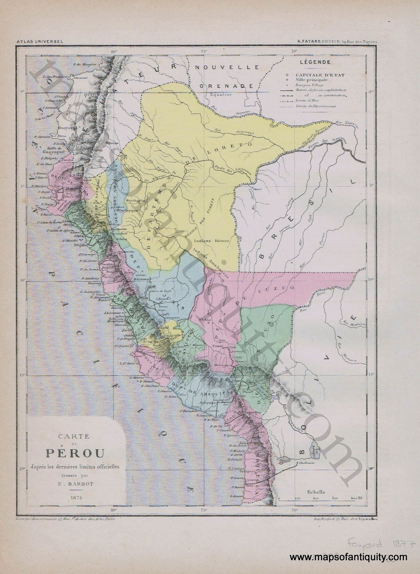 Antique-Printed-Color-Map-South-America-Carte-du-Perou---Peru-1877-Fayard--1800s-19th-century-Maps-of-Antiquity