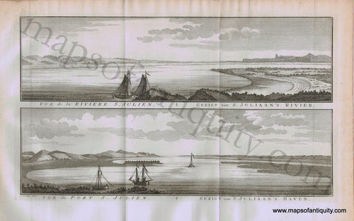 Antique-Engraving-South-America-Vue-de-la-Riviere-S.-Julien-/-Gezigt-van-S.-Juliaan's-Rivier.-Vue-de-Port-S.-Julien-/-Gezigt-van-S.-Juliaan's-Haven.-1757-Schley--1700s-18th-century-Maps-of-Antiquity