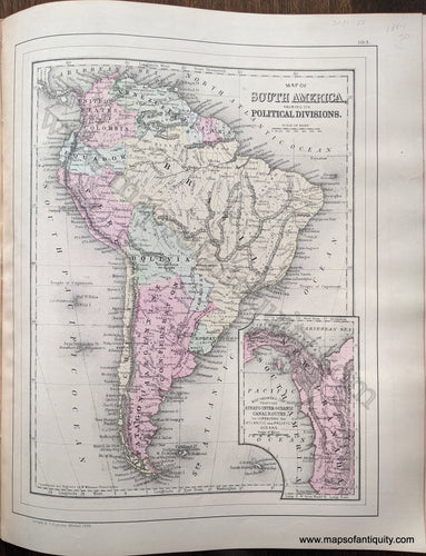 Antique-Hand-Colored-Map-Double-sided-map:-Map-of-South-America-showing-its-Political-Divisions;-verso:-Map-of-New-Granada-Venezuela-and-Guiana-/-Map-of-Peru-and-Equador-/-Map-of-the-Argentine-Confederation-South-America--1884-Mitchell-Maps-Of-Antiquity-1800s-19th-century