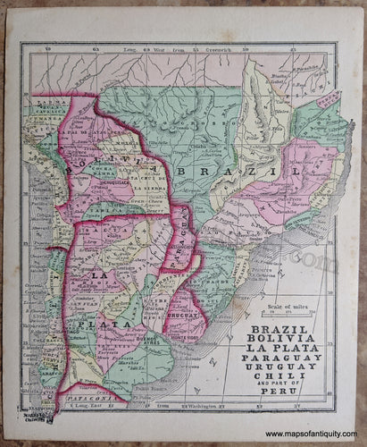 Antique-Hand-Colored-Map-Brazil-Bolivia-La-Plata-Paraguay-Uruguay-Chili-and-part-of-Peru-South-America--1857-Morse-and-Gaston-Maps-Of-Antiquity-1800s-19th-century