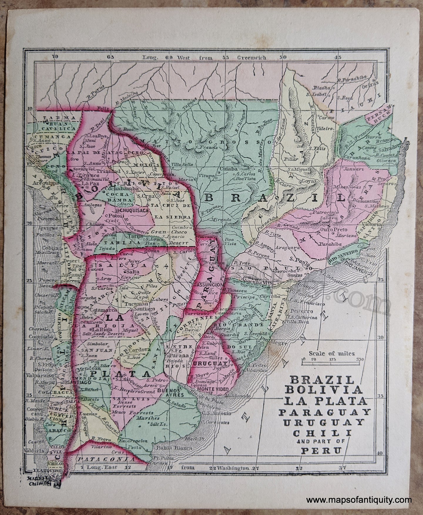 Antique-Hand-Colored-Map-Brazil-Bolivia-La-Plata-Paraguay-Uruguay-Chili-and-part-of-Peru-South-America--1857-Morse-and-Gaston-Maps-Of-Antiquity-1800s-19th-century