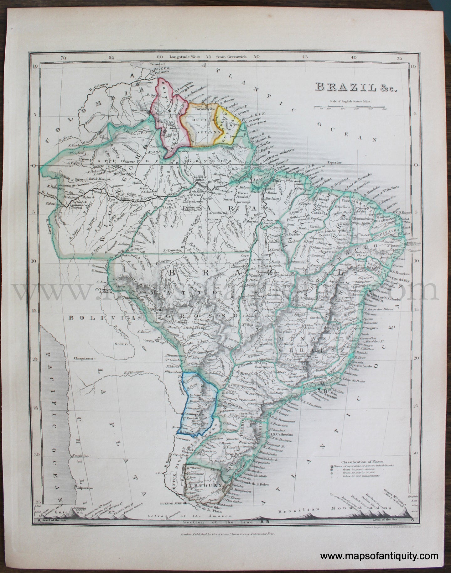 Genuine-Antique-Map-Brazil-&c.-South-America--1850-Petermann-/-Orr-/-Dower-Maps-Of-Antiquity-1800s-19th-century