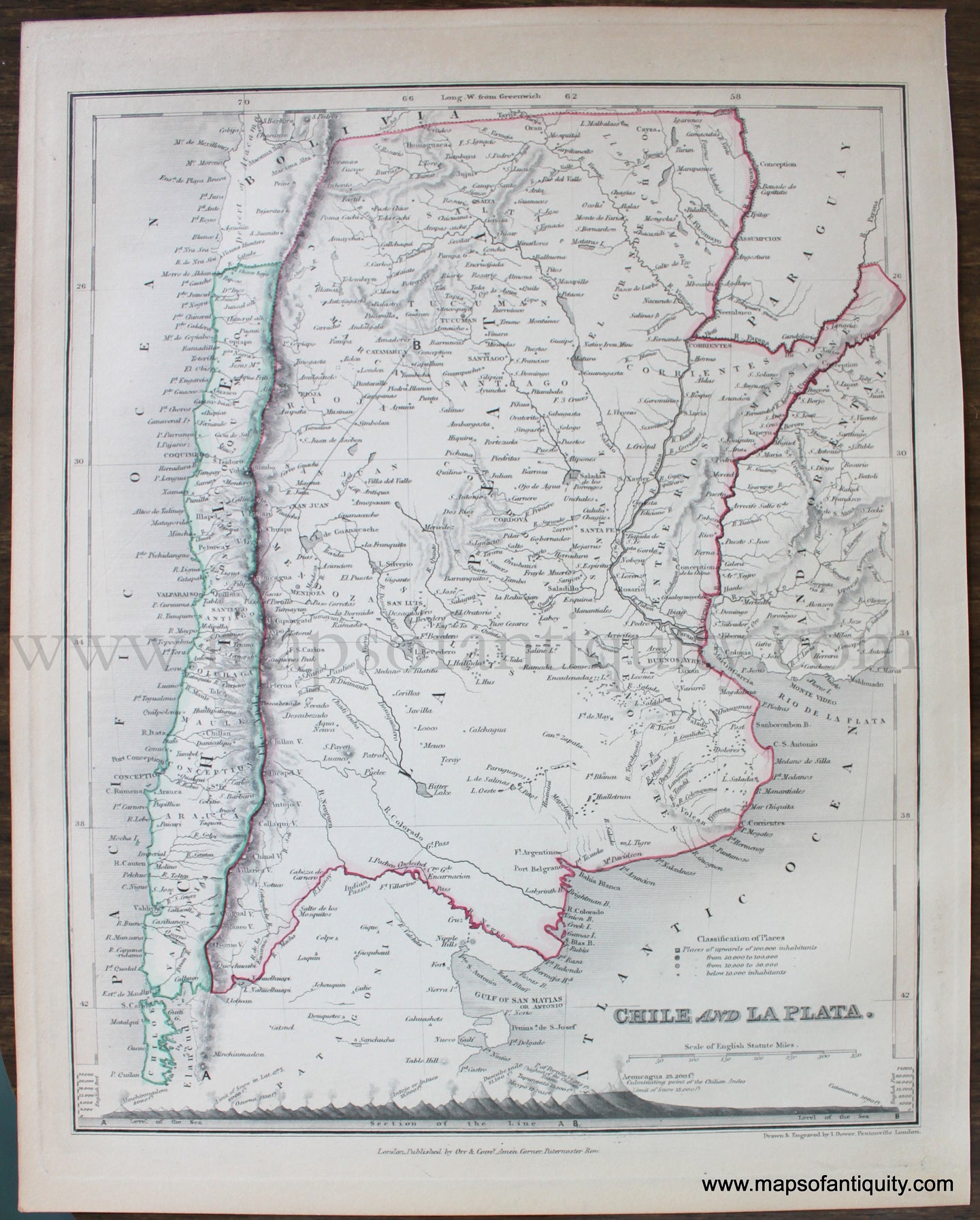 Genuine-Antique-Map-Chile-and-la-Plata-South-America--1850-Petermann-/-Orr-/-Dower-Maps-Of-Antiquity-1800s-19th-century