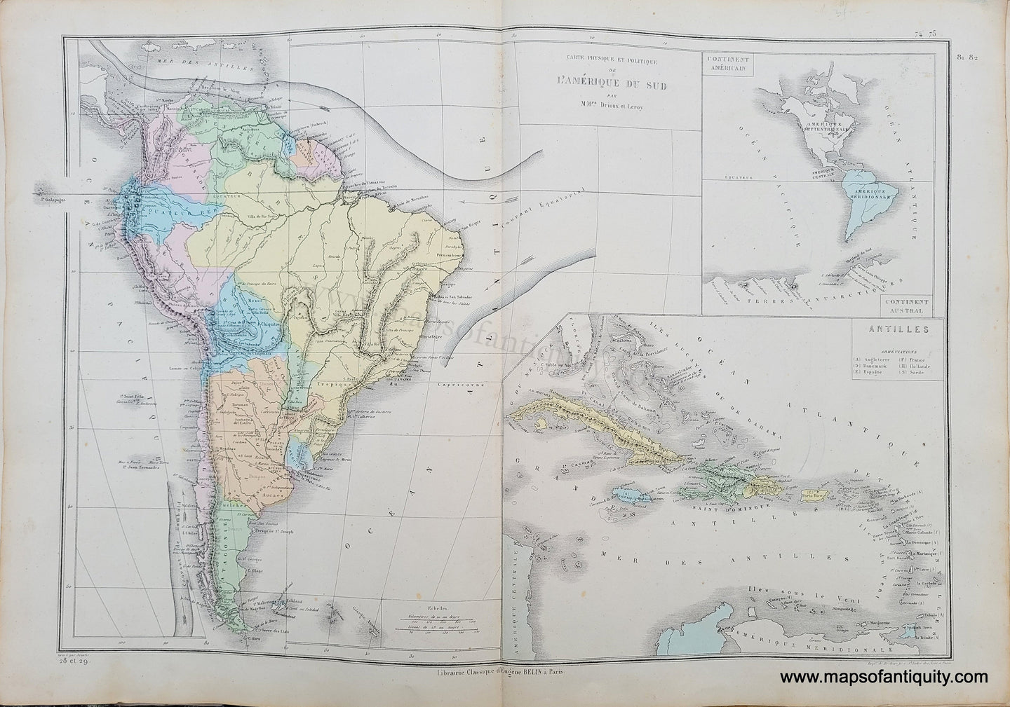 Genuine-Antique-Map-Carte-Physique-et-Politique-de-l'Amerique-du-Sud,-Antilles--Physical-and-Political-Map-of-South-America-and-the-Caribbean-1875-Drioux-&-Leroy-SAM424-Maps-Of-Antiquity