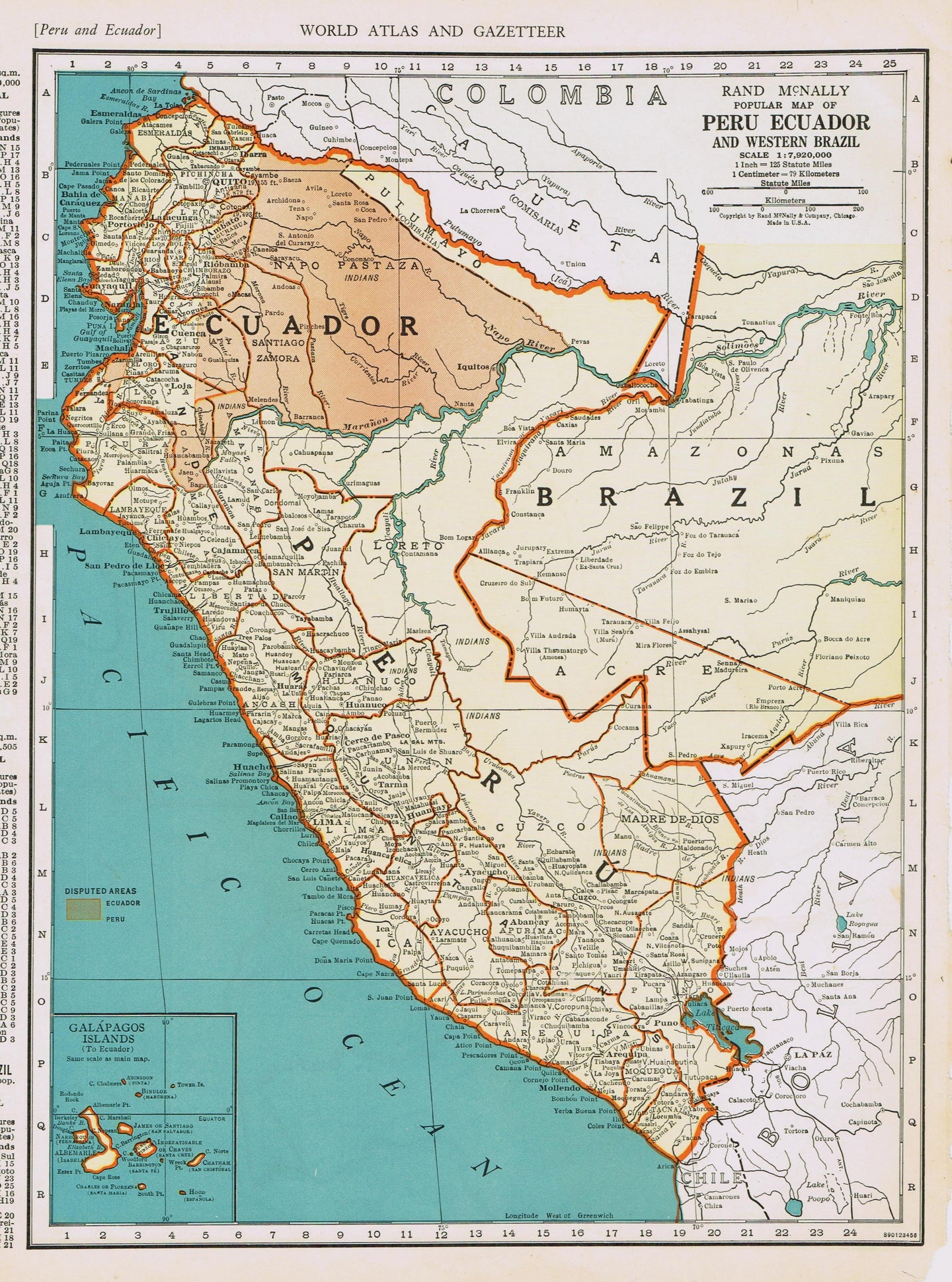 Genuine-Antique-Map-Popular-Map-of-Peru-Ecuador-and-Western-Brazil--1940-Rand-McNally-Maps-Of-Antiquity