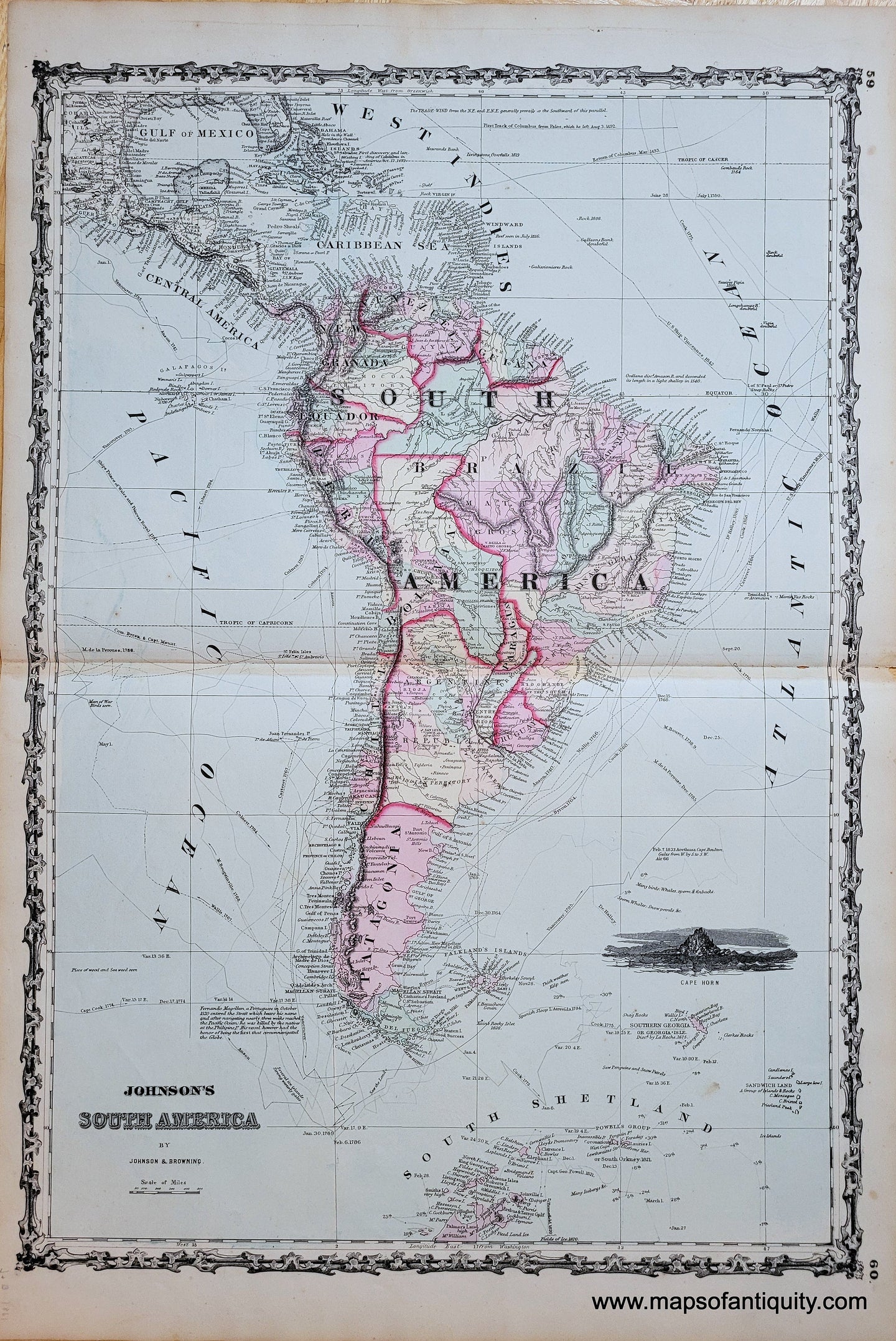 Genuine-Antique-Map-Johnsons-South-America-South-America-1861-Johnson-Browning-Maps-Of-Antiquity-1800s-19th-century