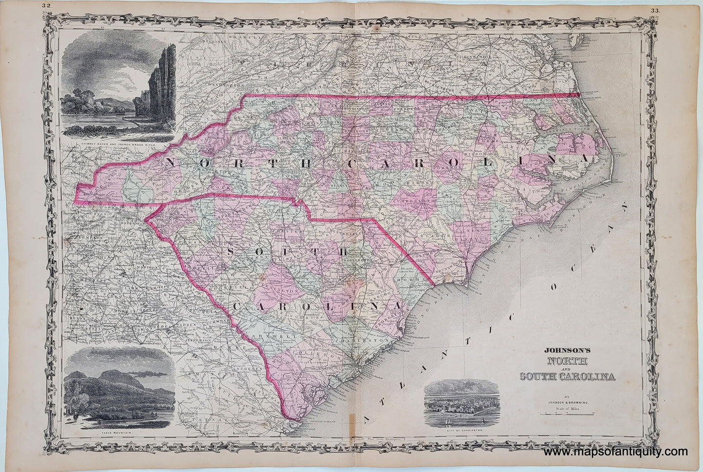 Maps-Antiquity-Antique-Map-United-States-Johnson-Browning-1860-1860s-1800s-19th-Century-Johnson's-North-Carolina-South-Carolina-Fort-Sumter-Charleston-Plan-Chimney-Rocks-French-Broad-River-Table-Mountain