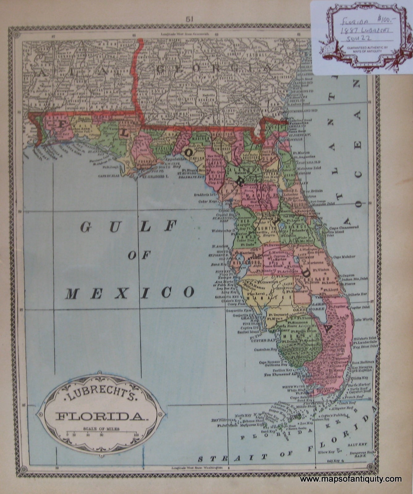 Hand-colored-Lubrecht's-Florida**********-United-States-South-1887-Lubrecht-Maps-Of-Antiquity