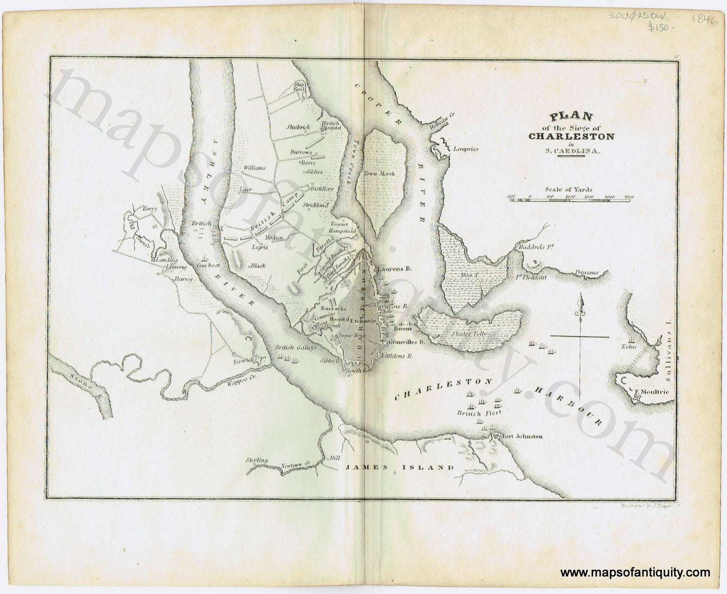 Antique-Map-Charleston-South-Carolina-Marshall-1846-revolutionary-war-life-Washington-1840s-1800s-19th-century