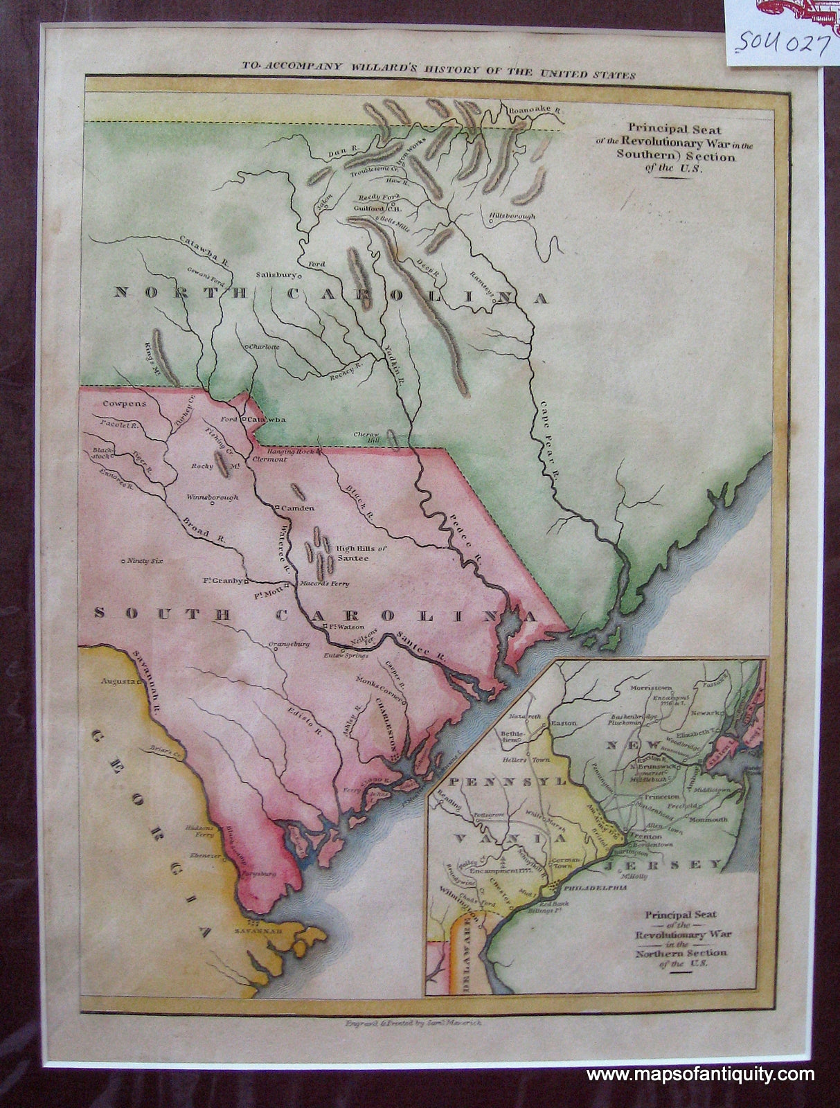 Antique-Hand-Colored-Map-Principal-Seat-of-the-Revolutionary-War-in-the-Southern-Section-of-the-U.S.--South-1829-Willard-Maps-Of-Antiquity