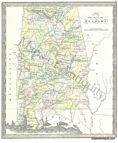 Antique-Hand-Colored-Map-Map-of-the-State-of-Alabama.-**********-United-States-South-1848-Jeremiah-Greenleaf-Maps-Of-Antiquity