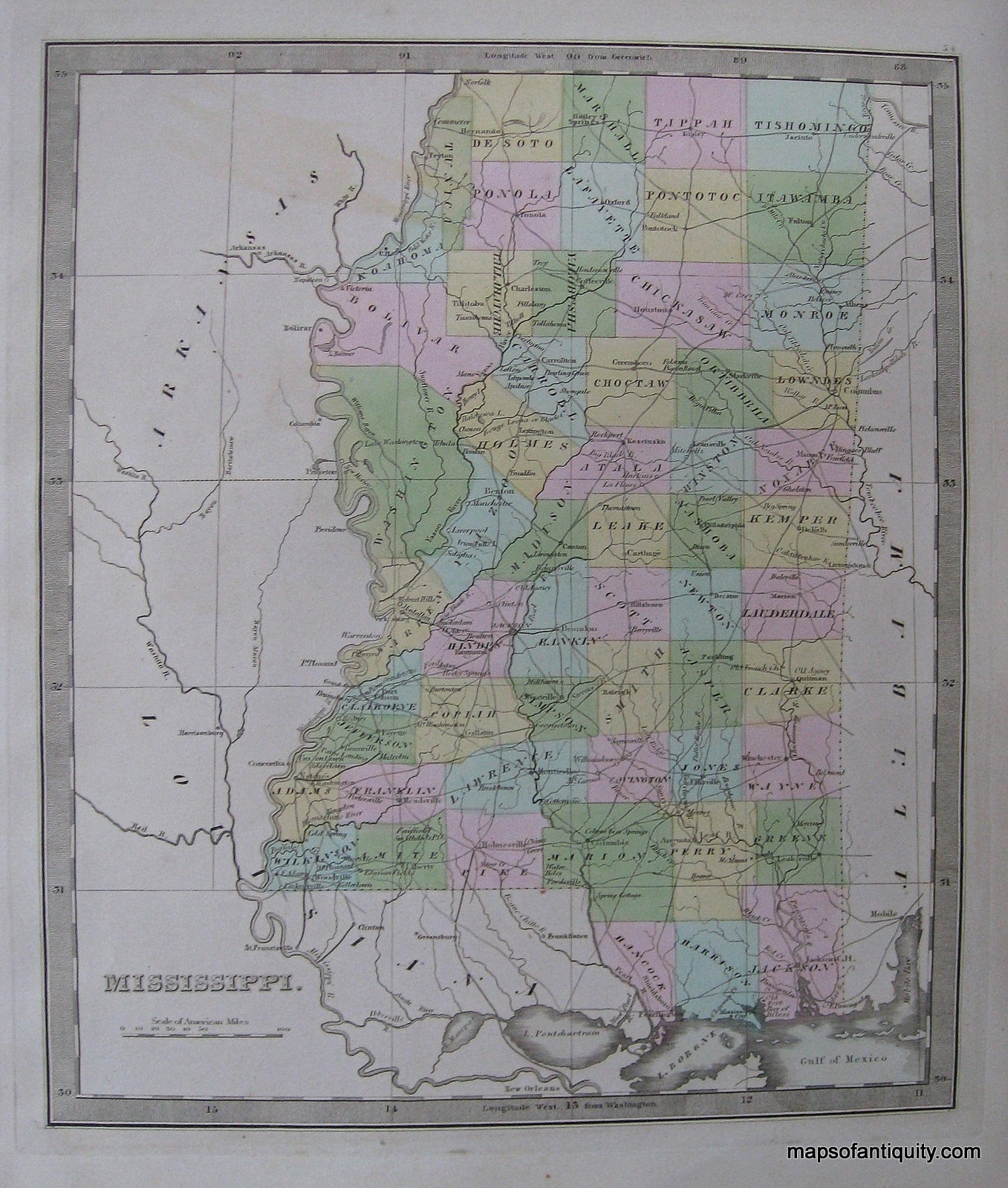 Antique-Hand-Colored-Map-Mississippi.-United-States-South-1848-Jeremiah-Greenleaf-Maps-Of-Antiquity