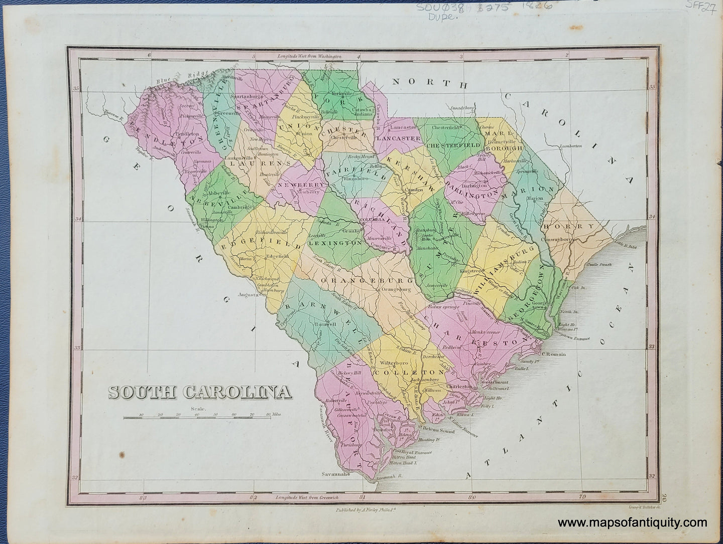 Antique-Hand-Colored-Map-South-Carolina-United-States-South-1826-Anthony-Finley-Maps-Of-Antiquity