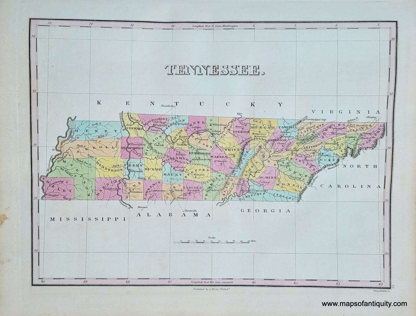 Antique-Hand-Colored-Map-Tennessee.--South-1824-Anthony-Finley-Maps-Of-Antiquity