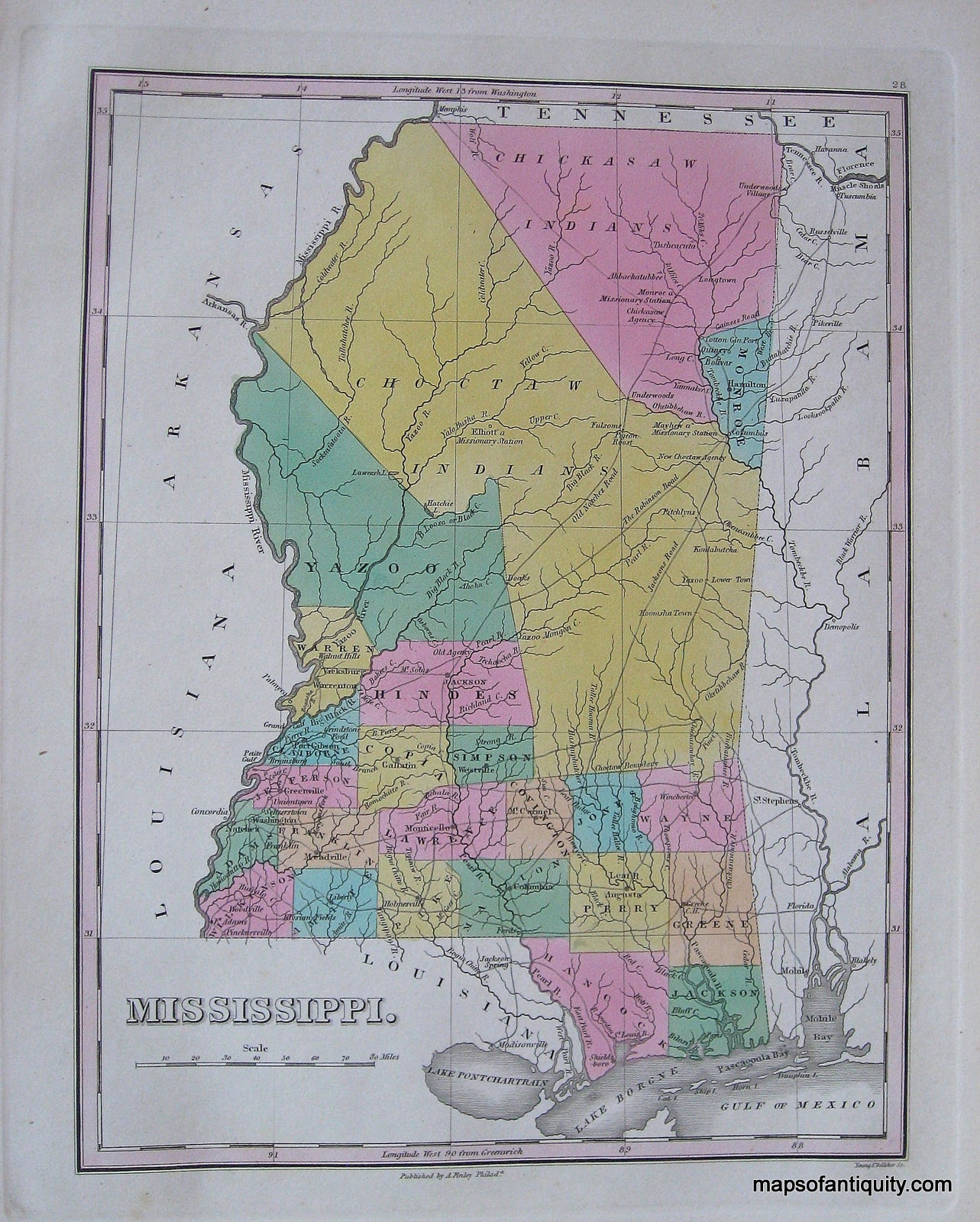 Antique-Hand-Colored-Map-Mississippi.-**********-United-States-South-1826-Anthony-Finley-Maps-Of-Antiquity