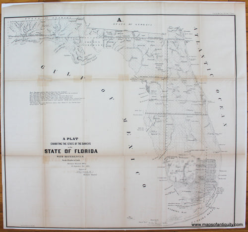 Black-and-White-Antique-Map-A-Plat-Exhibiting-the-State-of-the-Surveys-in-the-State-of-Florida-with-References.-United-States-South-1855-State-Survey-Maps-Of-Antiquity
