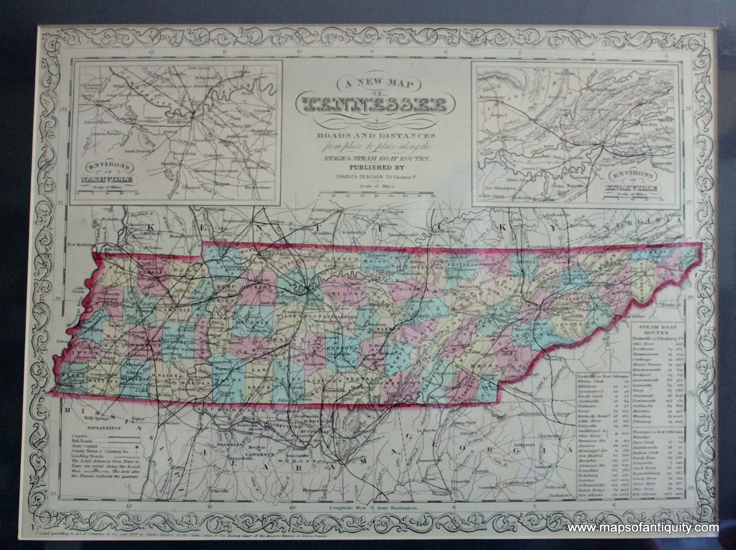 Antique-Hand-Colored-Map-A-New-Map-of-Tennessee-with-its-Roads-and-Distances-from-place-to-place-along-the-Stage-and-Steam-Boat-Routes.**********-United-States-South-1859-Desilver-Maps-Of-Antiquity