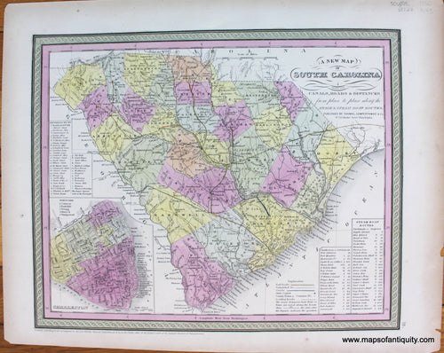 Antique-Map-New-Map-of-South-Carolina-with-its-Canals-Roads-&-Distances-from-Place-to-Place-Along-The-Stage-and-Steam-Boat-Routes-South-Carolina-Mitchell-1850-1850s-1800s-Early-Mid-19th-Century-Maps-of-Antiquity