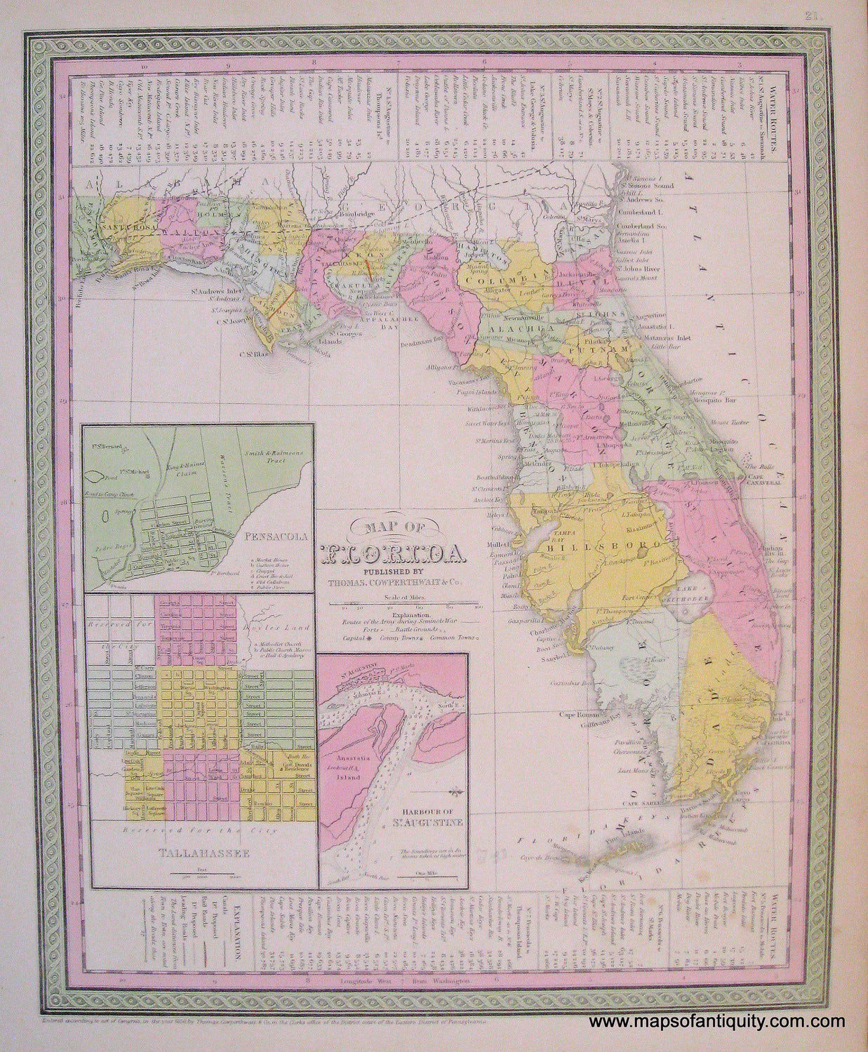 Antique-Hand-Colored-Map-Map-of-Florida.-**********-United-States-South-1854-Mitchell/Cowperthwait-Desilver-&-Butler-Maps-Of-Antiquity