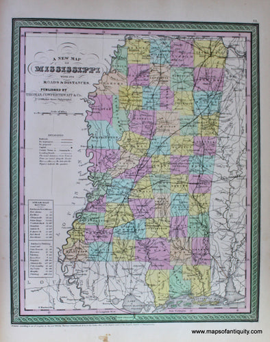 Antique-Hand-Colored-Map-A-New-Map-of-Mississippi-with-its-Roads-&-Distances.-United-States-South-1854-Mitchell/Cowperthwait-Desilver-&-Butler-Maps-Of-Antiquity