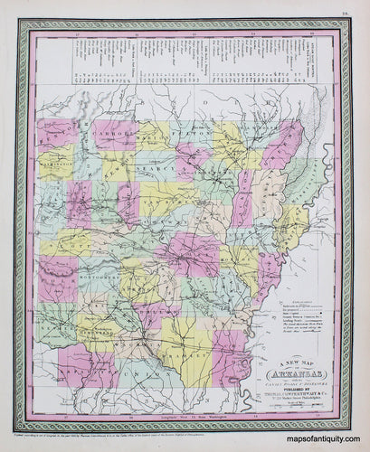 Antique-Hand-Colored-Map-A-New-Map-of-Arkansas-with-its-Canals-Roads-&-Distances.-United-States-South-1850-Mitchell/Cowperthwait-Desilver-&-Butler-Maps-Of-Antiquity