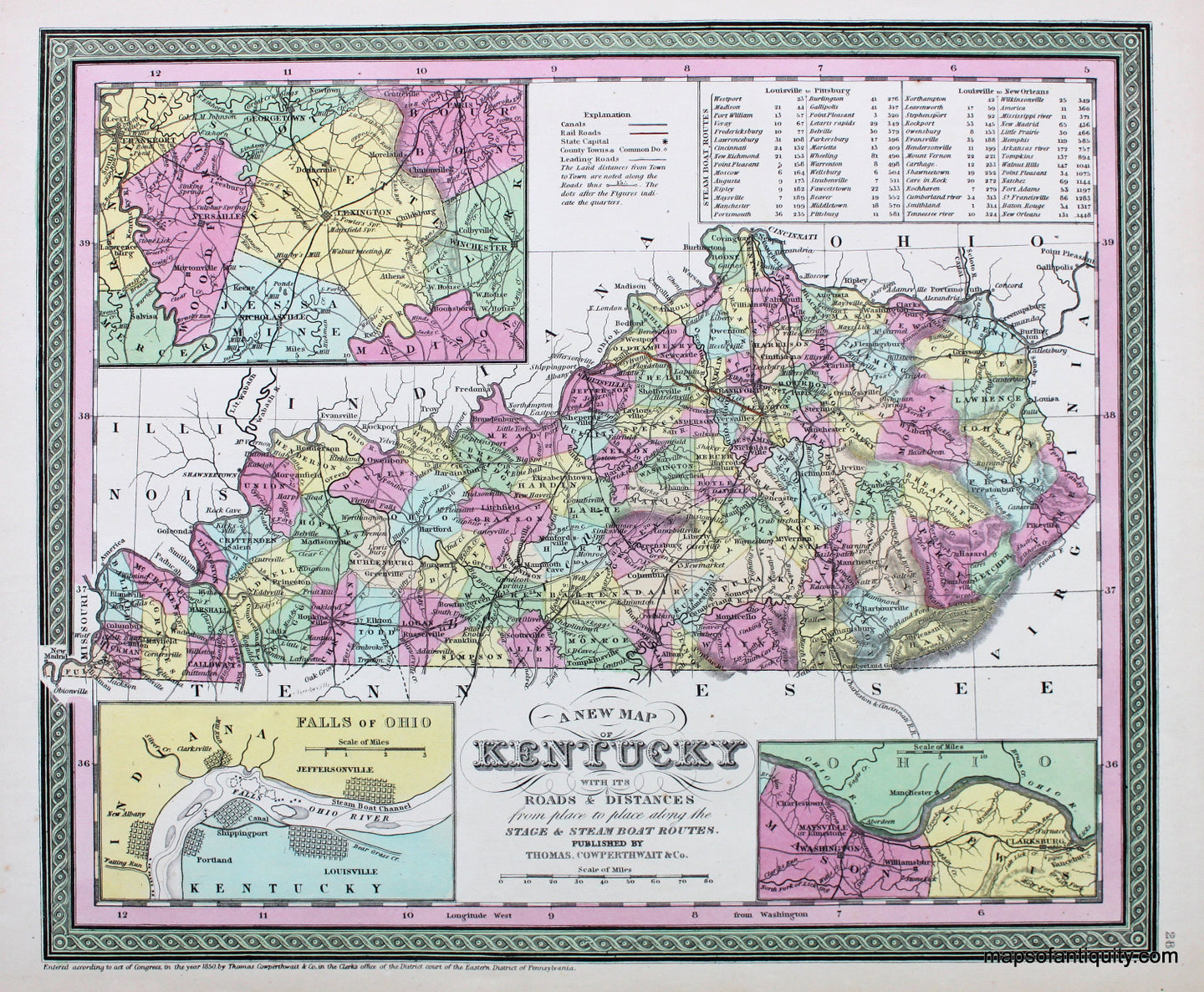 Antique-Hand-Colored-Map-A-New-Map-of-Kentucky-with-its-Roads-&-Distances-from-place-to-place-along-the-Stage-&-Steam-Boat-Routes.--United-States-South-1854-Mitchell/Cowperthwait-Desilver-&-Butler-Maps-Of-Antiquity