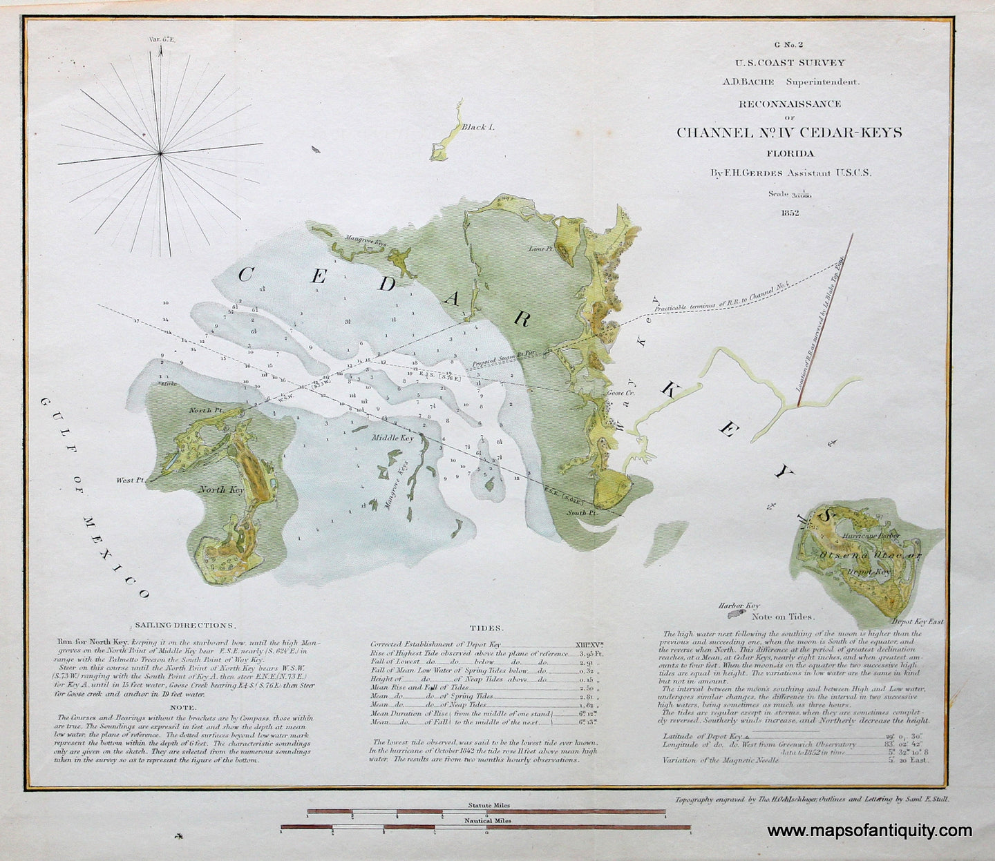 Hand-Colored-Antique--Nautical-Chart-Reconnaissance-of-Channel-No.-IV-Cedar-Keys-Florida**********-United-States-South-1852-U.S.-Coast-Survey-Maps-Of-Antiquity