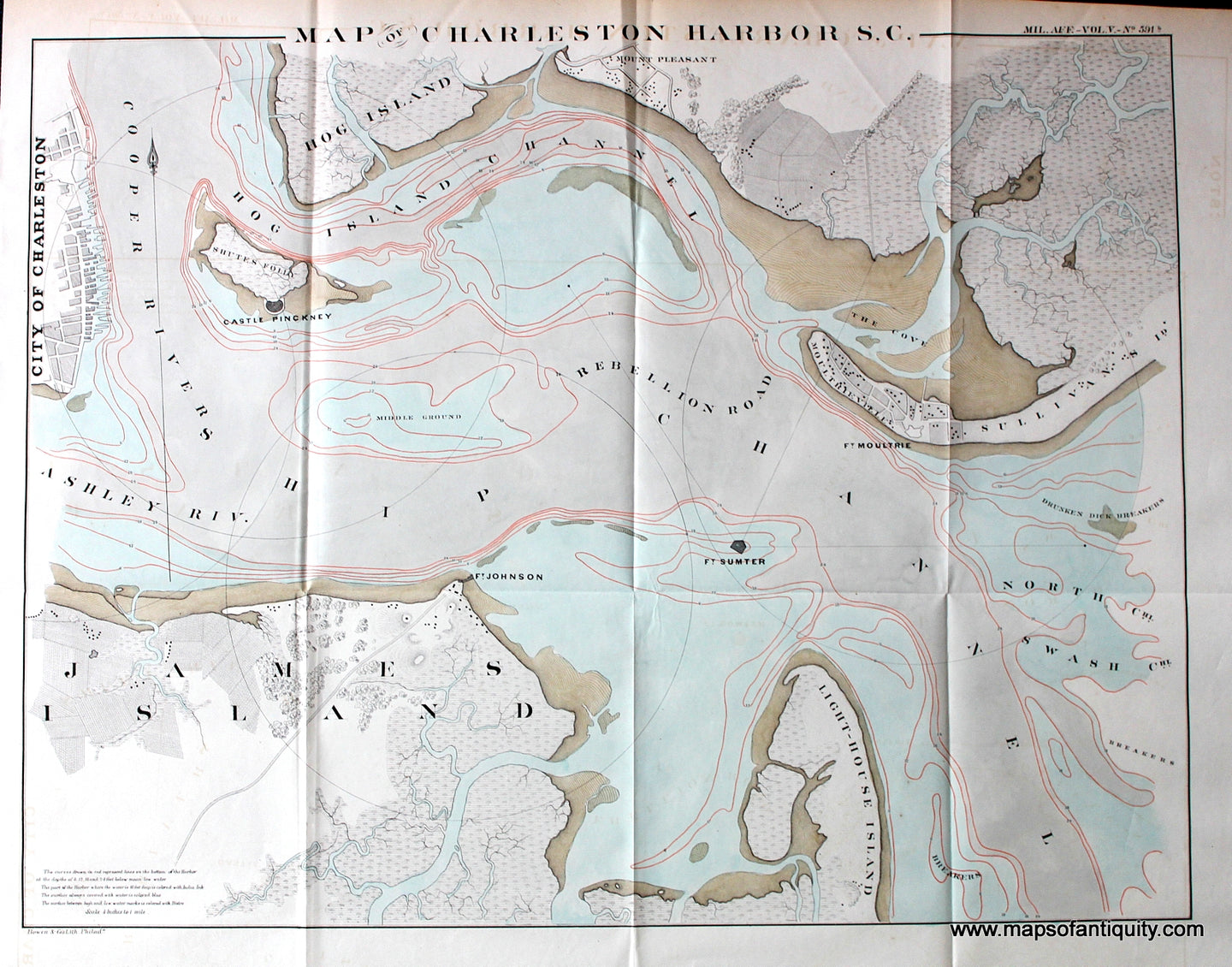 Antique-Hand-Colored-Map-Map-of-Charleston-Harbor-S.C.**********-United-States-South-1860-Bowen-&-Co.-Maps-Of-Antiquity