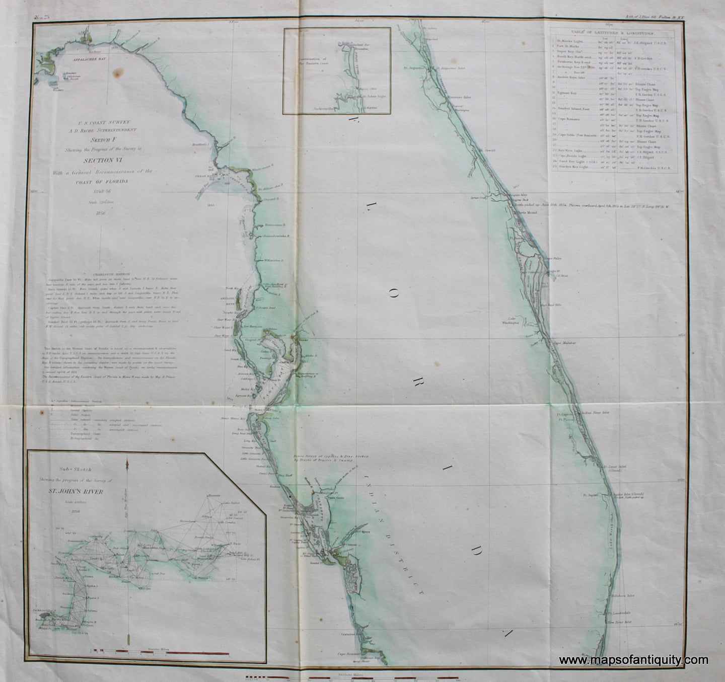 Hand-Colored-Antique-Coastal-Chart-Sketch-F-Showing-the-Progress-of-the-Survey-in-Section-VI-With-a-General-Reconnaissance-of-the-Coast-of-Florida-**********-United-States-Florida-1856-U.S.-Coast-Survey-Maps-Of-Antiquity