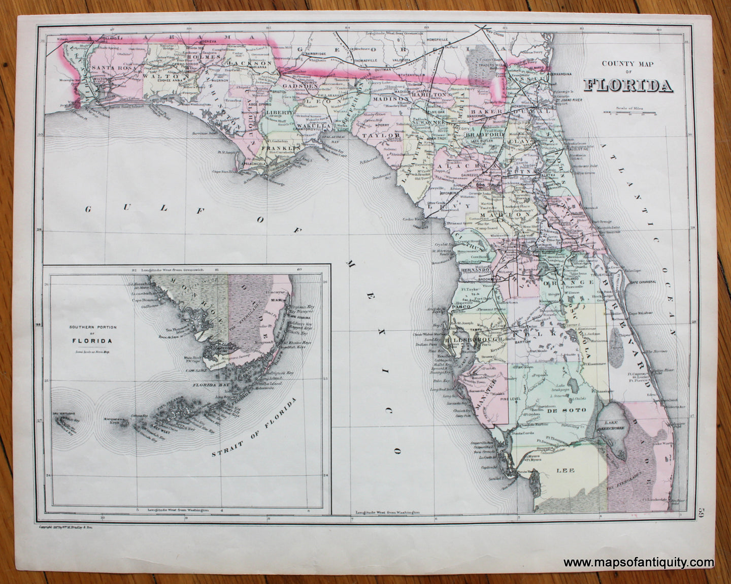 Antique-Hand-Colored-Map-County-Map-of-Florida-**********-Florida--1887-Bradley-Maps-Of-Antiquity