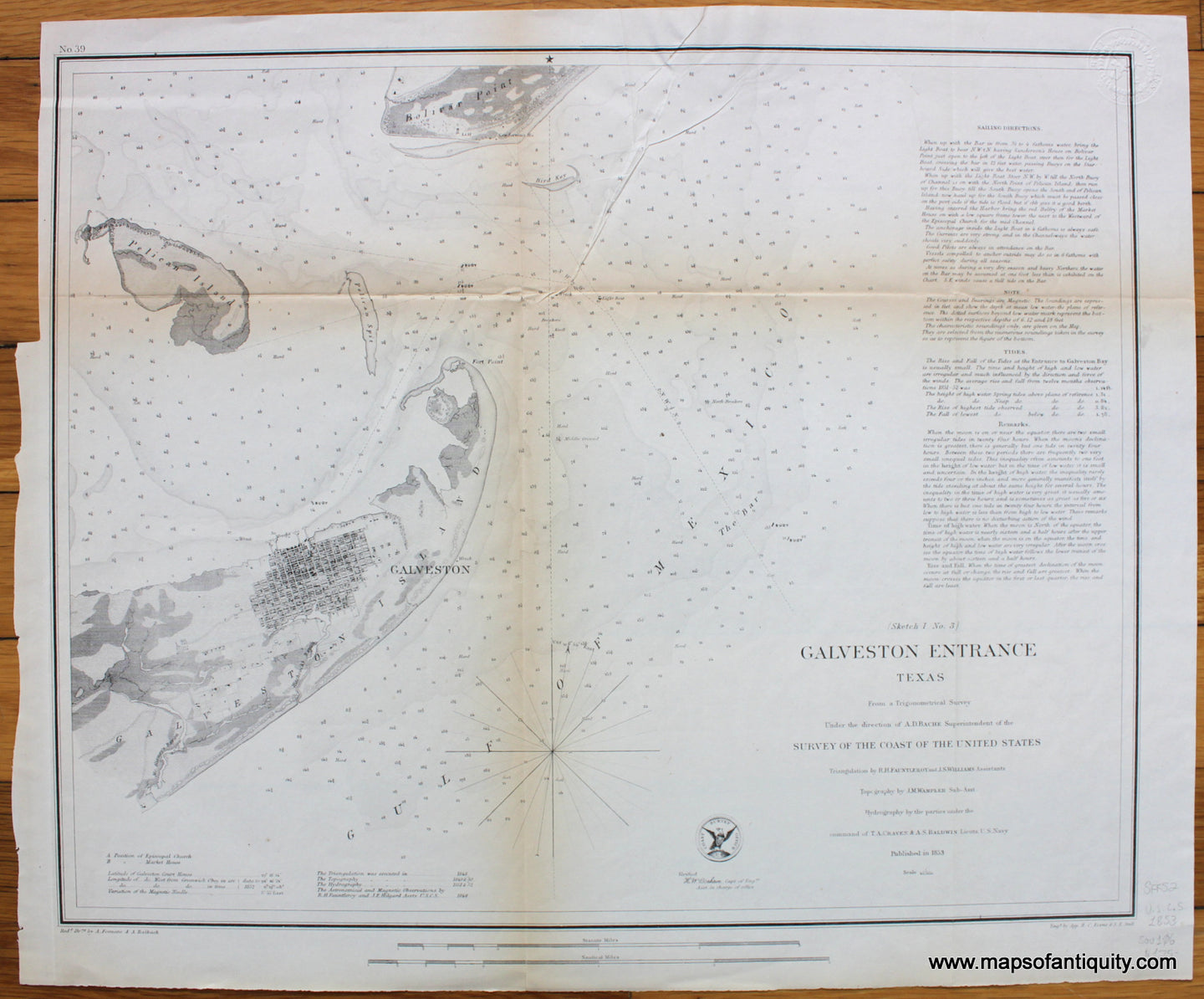 Antique-Coastal-Chart-Galveston-Entrance-Texas-******-Texas-Antique-Nautical-Charts-1853-U.S.-Coast-Survey-Maps-Of-Antiquity