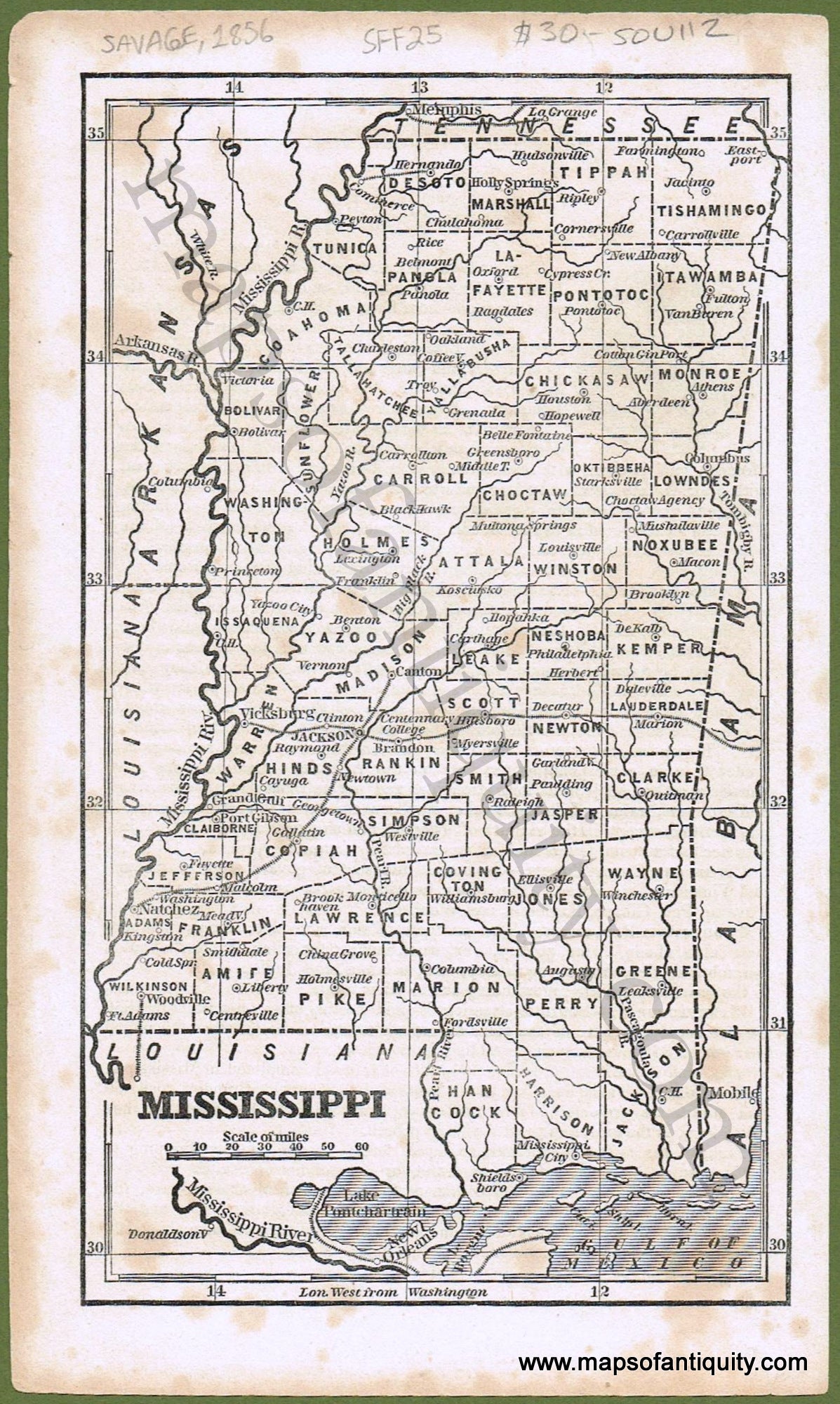 Black-and-White-Antique-Map-Mississippi-**********-Mississippi--1856-Savage-Maps-Of-Antiquity
