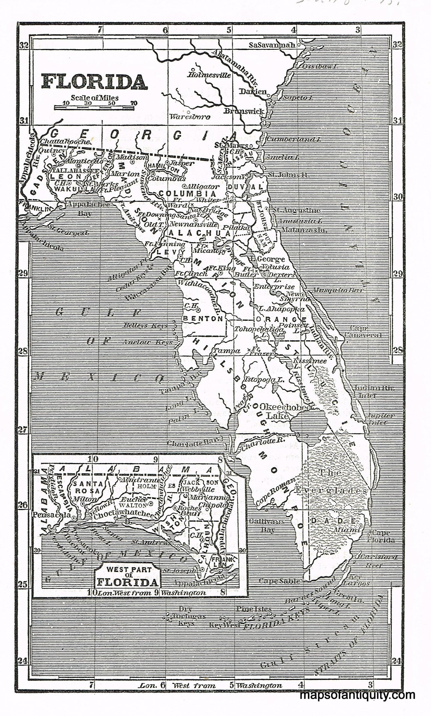 Black-and-White-Antique-Map-Florida-**********-Florida--1856-Savage-Maps-Of-Antiquity
