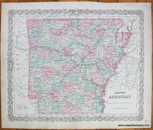 Antique-Hand-Colored-Map-Colton's-Arkansas--Arkansas--c.-1860-Colton-Maps-Of-Antiquity